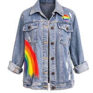M&M’s Rainbow Denim Jacket Size L Distressed Colorful Graphic Cotton Denim